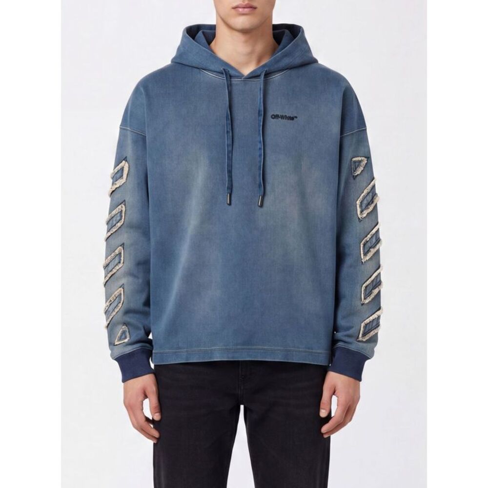 Off-White Men Off-White Contrast Logo Cotton Denim Hoodie